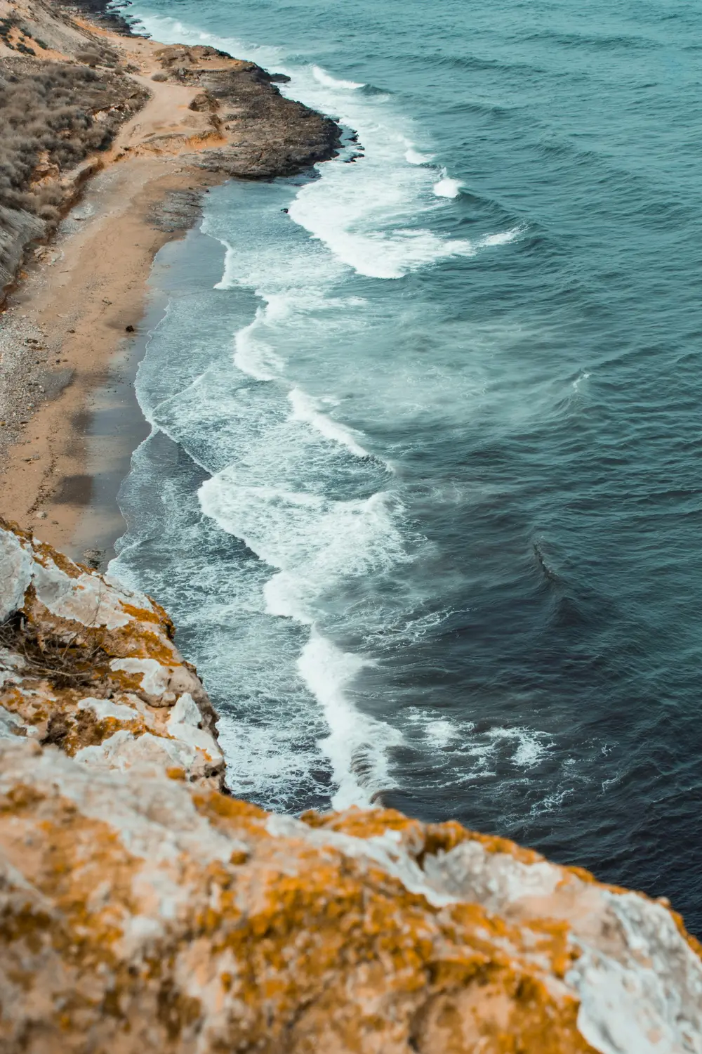 Aerial view of the bluffs, beach, and Pacific Ocean at Torrey Pines